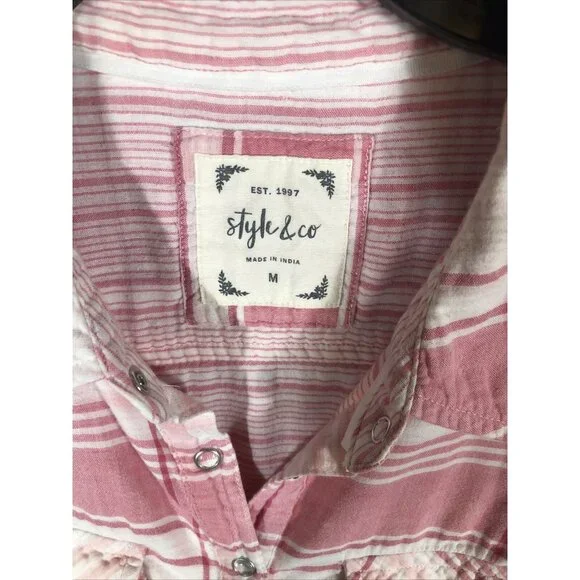 Style & Co Womens Shirt Button-Up Pink Plaid Size Medium - Picture 2 of 12